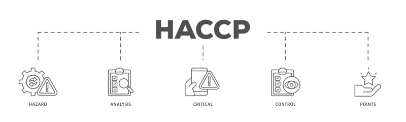 HACCP icons process flow web banner illustration of hazard analysis and critical control points acronym in food safety management system icon live stroke and easy to edit 