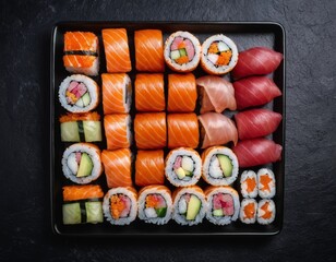 Top view on an assortment of rolls, maki, nigiri, etc