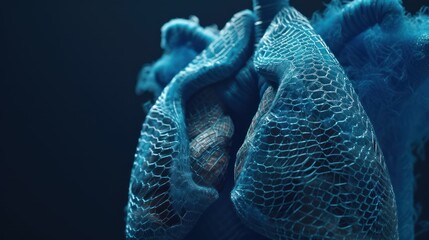 Artistic representation of human lungs crafted from blue woven wool, set against a deep blue background, symbolizing respiratory health and care - obrazy, fototapety, plakaty