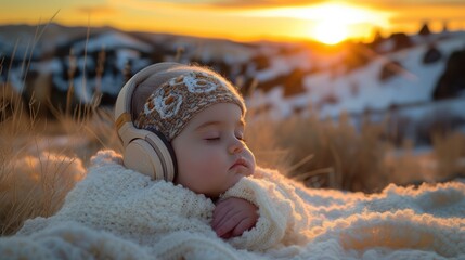 Infant Asleep in Golden Hour Warmth - obrazy, fototapety, plakaty