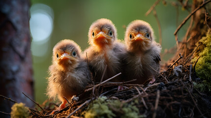 Photograph of birds in their nests with chicks,birdwatching, ornithology, habitat, biodiversity, conservation, ecological, 