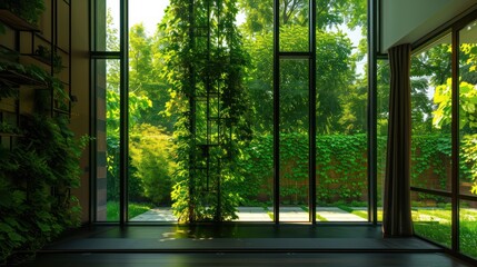 of interior of modern home wall with tall windows and greenery looking out into a backyard with trees,