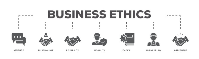 Business ethics icons process flow web banner illustration of attitude, relationship, reliability, morality, choice, business law and agreement icon live stroke and easy to edit 