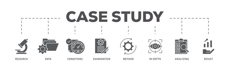 Fototapeta na wymiar Case study icons process flow web banner illustration of research, data, conditions, examination, method, in depth, analyzing, and result icon live stroke and easy to edit 
