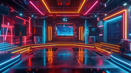 A modern TV studio or game show is lit up with neon lights and a futuristic design. Ready for the next live broadcast