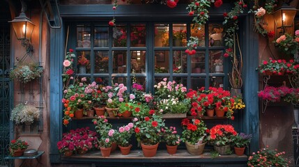 Fototapeta na wymiar A quaint flower shop window overflows with lush, beautifully arranged bouquets of roses, inviting passersby to admire the natural beauty and fragrance