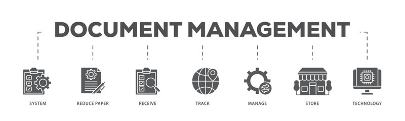 Obraz premium Document management icons process flow web banner illustration of system, reduce paper, receive, track, manage, store, cloud and technology icon live stroke and easy to edit 