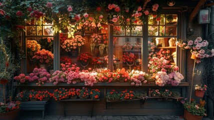 A quaint flower shop window overflows with lush, beautifully arranged bouquets of roses, inviting passersby to admire the natural beauty and fragrance - obrazy, fototapety, plakaty