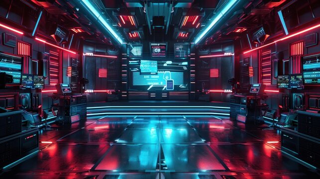 A modern TV studio or game show is lit up with neon lights and a futuristic design. Ready for the next live broadcast