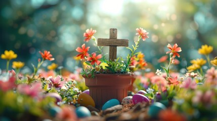 Fototapeta na wymiar A lively DIY resurrection scene for Easter with a cross in a terracotta pot surrounded by spring flowers and colorful eggs.