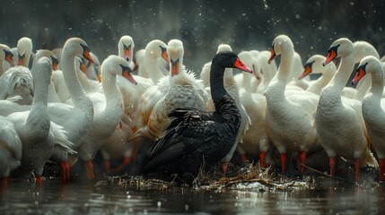 Stand out from the crowd concept Black swan in a large flock of white swans