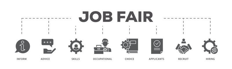 Job fair icons process flow web banner illustration of the information, advice, skills, occupational, applicants, recruit, and hiring icon live stroke and easy to edit 