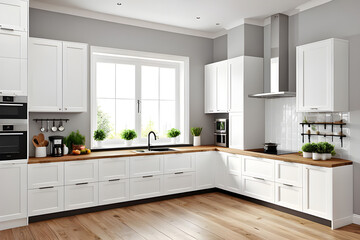 Interior of stylish kitchen with white walls, wooden floor, white cupboards and wooden cabinets with built in cooker and sink with two windows above it. 3d rendering