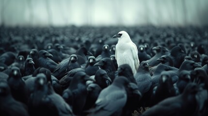 Stand out from the crowd concept, with white crow in large group of black crows