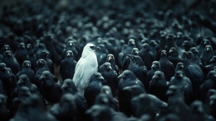 Stand out from the crowd concept, with white crow in large group of black crows - obrazy, fototapety, plakaty