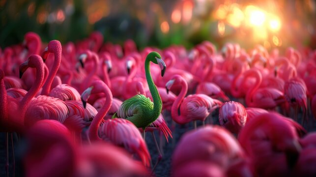 Standing out from the crowd concept, a green and white flamingo in a large group of pink flamingos.