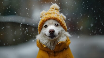 Samoyed dogs are white and wear yellow knit hat. amidst the falling snow