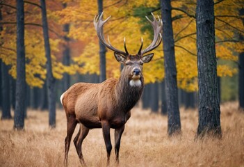 Naklejka na ściany i meble Powerful adult red deer stag in autumn fall forest