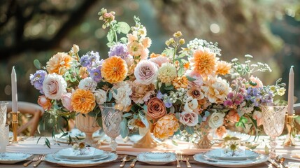 Obraz na płótnie Canvas Charming outdoor wedding reception table Decorated with pastel-colored flowers. crystal glassware and highlighted with a luxurious gold color