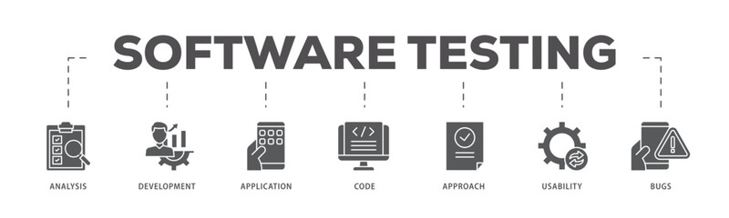 Software testing icons process flow web banner illustration of bugs, code, usability, approach, application, development, analysis icon live stroke and easy to edit 