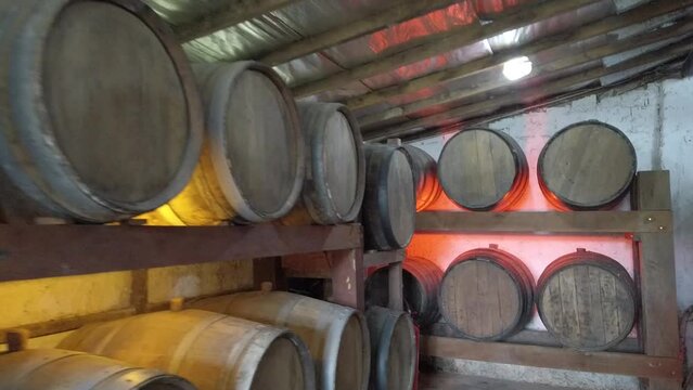 Many barrels aging with sugarcane liquor inside