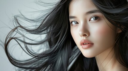 Naklejka premium A Beautiful Asian woman reveals flawless skin and long flowing hair in striking photo