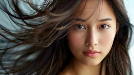 Fotobehang Beautiful Asian woman reveals flawless skin and long flowing hair in striking photo © sirisakboakaew
