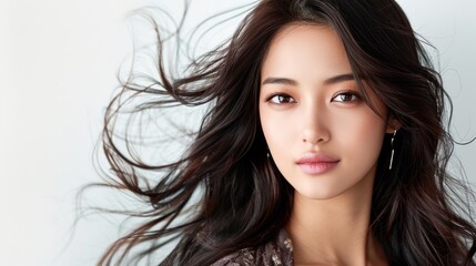 Fototapeta premium Beautiful Asian woman reveals flawless skin and long flowing hair in striking photo