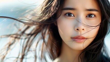 Beautiful Asian woman reveals flawless skin and long flowing hair in striking photo