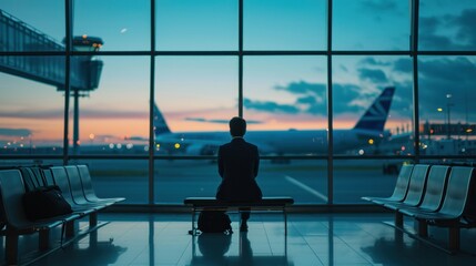 Silhouette of man viewing airplane out airport window