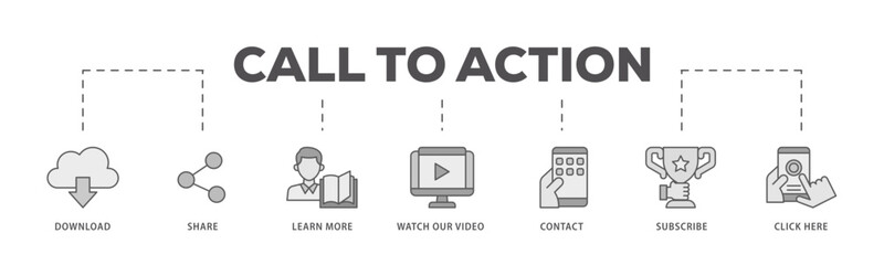 Call to action icons process flow web banner illustration of  click here, watch our video, subscribe, contact, learn more, share, download icon live stroke and easy to edit 