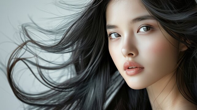 A Beautiful Asian woman reveals flawless skin and long flowing hair in striking photo