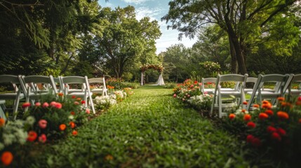 Spring wedding ceremony settings in the garden with flowers