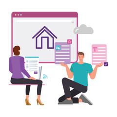 Web homepage illustration concept. Office man and woman working on laptop to create website. Business people character vector design. 