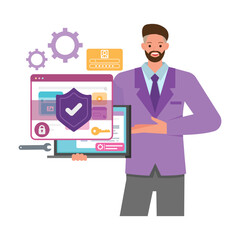 Web security illustration concept. Office man holding laptop and show protection system. Business people character vector design. 