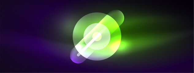 Abstract design pulsates with neon glowing light effects, casting an entrancing glow in the darkness, captivating the eye with its vibrant energy. Glass circles neon glowing light effects