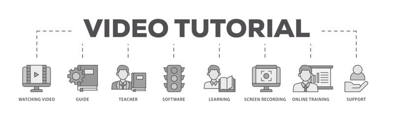 Video tutorial icons process flow web banner illustration of watching video, guide, teacher, software, learning, screen  recording, online training, support icon live stroke and easy to edit  - obrazy, fototapety, plakaty