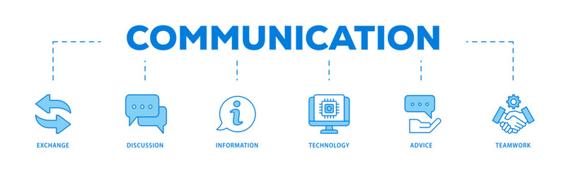 Communication icons process flow web banner illustration of exchange, discussion, information, technology, advice, and teamwork icon live stroke and easy to edit 