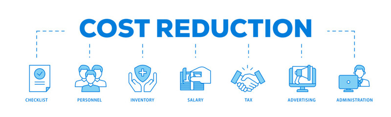 Cost reduction icons process flow web banner illustration of checklist, personnel, inventory, salary, tax, advertising and administration icon live stroke and easy to edit 