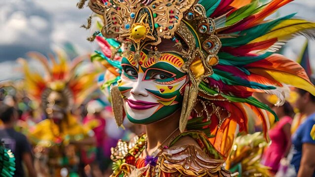 Slow motion portrait of a beautiful Filipino woman in costume for the Masskara festival in Bacolod