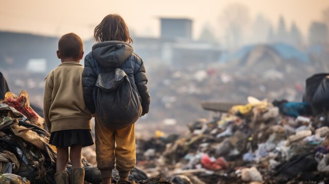 children stand a mountain of garbage in a junkyard dump