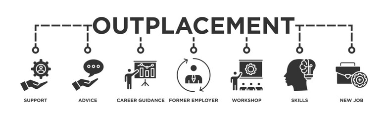 Outplacement banner web icon illustration concept with icon of support, advice, career guidance, former employer, workshop, skills, new job, training, and presentation - obrazy, fototapety, plakaty