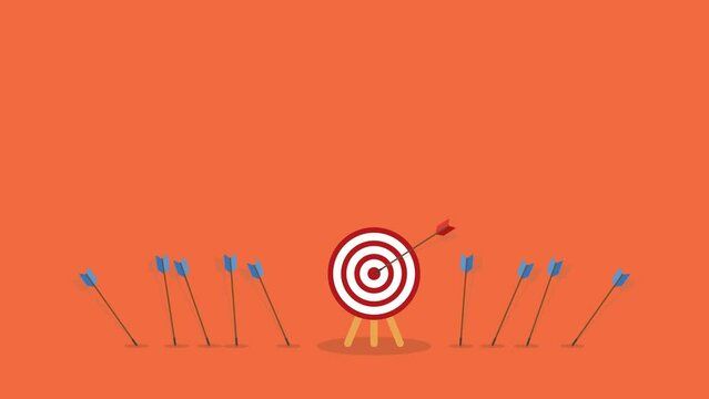 Target and arrows. Business challenge failure and success concept. Blue arrows missed hitting target and only red one hits the center. 	