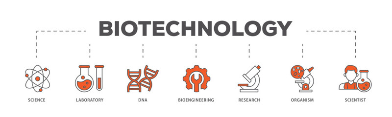 Biotechnology icons process flow web banner illustration of scientist, bioengineering, organism, research, dna, laboratory, science icon live stroke and easy to edit 