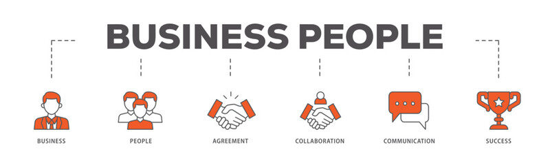 Business people icons process flow web banner illustration of business, people, agreement, collaboration, communication and success icon live stroke and easy to edit 