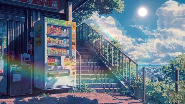 Lofi anime vending machine. Chill and relaxing summer atmosphere. Loop animation video background