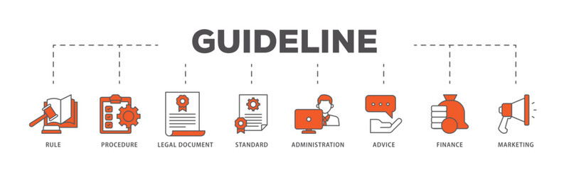 Guideline icons process flow web banner illustration of rule, procedure, legal document, standard, administration, advice, finance, marketing icon live stroke and easy to edit 