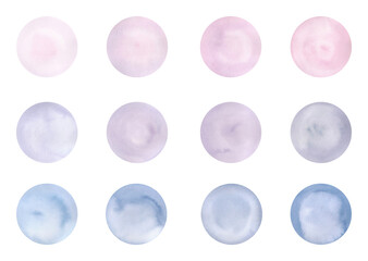 A set of multicolored watercolor circles, dots, spots in light pastel shades, hand-drawn. Round abstract background isolated on a white background. A template for design and decoration. 