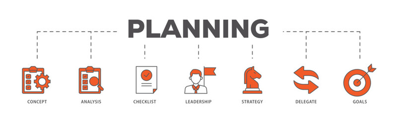 Planning icons process flow web banner illustration of concept, analysis, checklist, leadership, strategy, delegate and goals icon live stroke and easy to edit  - obrazy, fototapety, plakaty