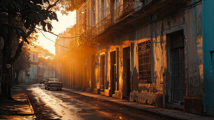 Fototapeta premium A photo of a beautiful scene on a sunny street in Havana, Cuba.
